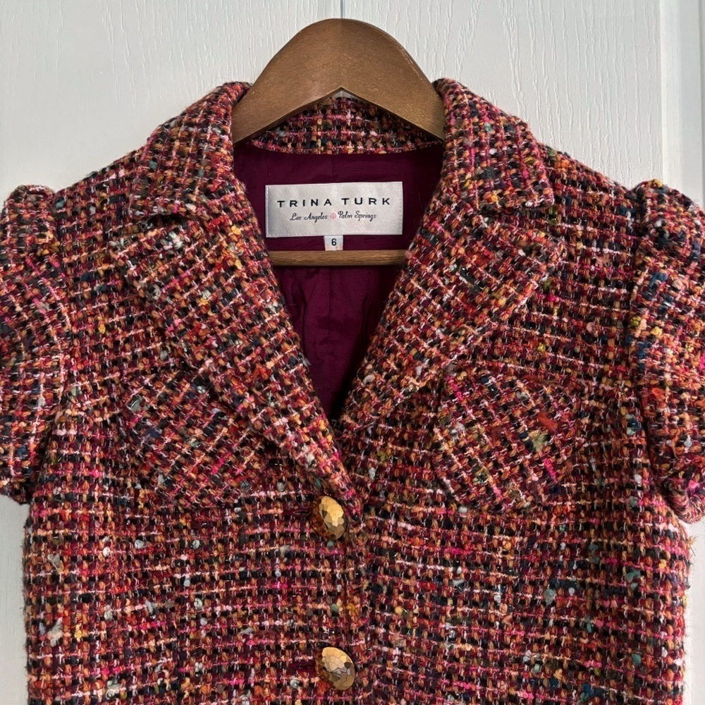 Trina Turk Mohair Wool Tweed Cropped Puff Shoulder Jacket Sz 6 - Picture 2 of 8